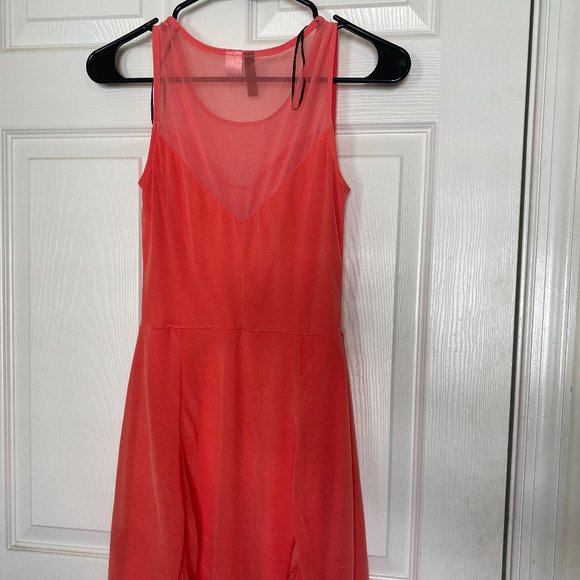 Coral Fit and Flare Dress with Mesh Neckline - Picture 3 of 4